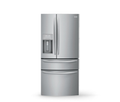 Refrigerador gris plateado de cuatro puertas, dos alargadas verticalmente, superiores, y dos inferiores horizontales, Refrigeradores